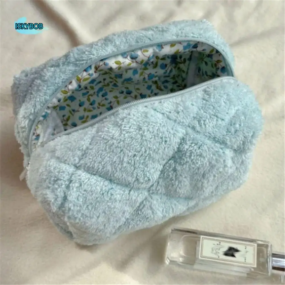 

Large Capacity Cosmetic Bag Plush Material Pure Color Toiletry Bag Portable Design Kawaii Style Travel Organizer