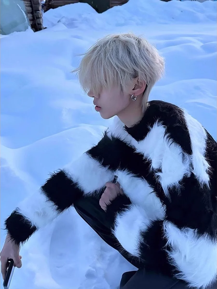 

Мужской вязаный свитер в стиле ретро с цветными полосками, круглый вырез, повседневный, с длинным рукавом, теплый зимний, из полиэфирного волокна, в американском стиле кэжуал