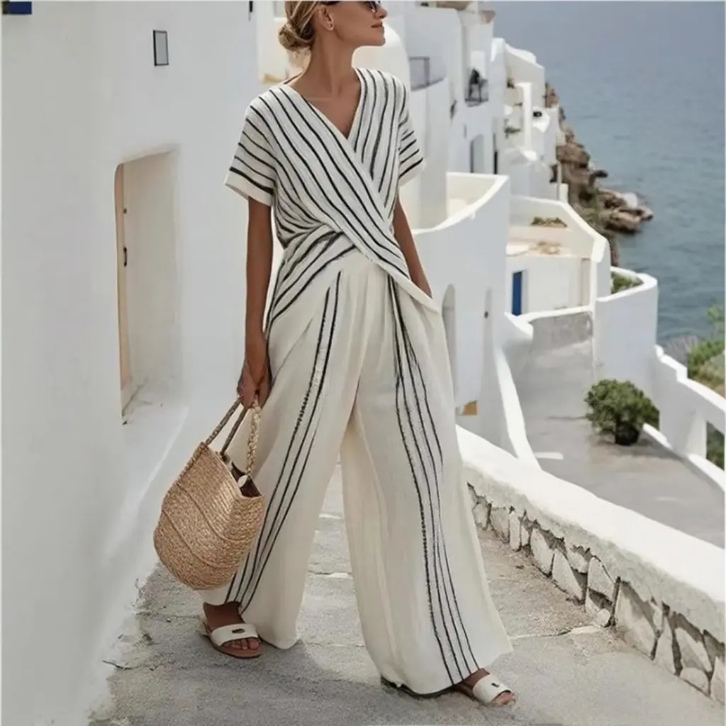 

European And American Style Women's Round Neck Stripe Short Sleeve Asymmetrical Slit Top And Straight Leg Pants Two-Piece Set