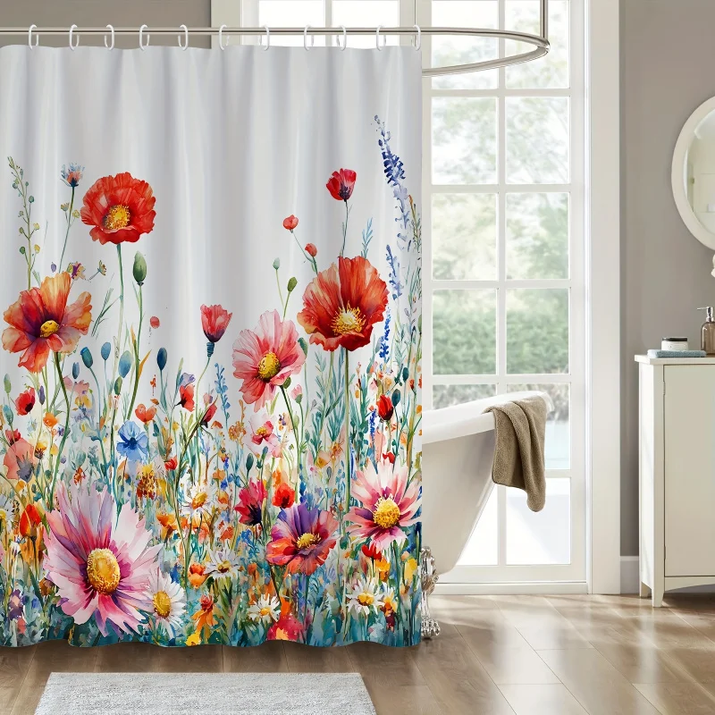 1pc Pink Floral Shower Curtain, Watercolor Gradient Wild Flower Leaf Design, Fashionable Bathroom Decoration Suitable for Four S