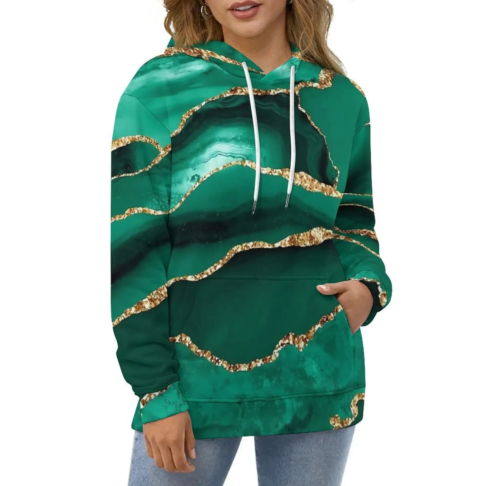 

Green Marble With Gold Glitter Print Casual Hoodies Cool Hoodie Couple Long-Sleeve Fashion Custom Loose Oversized Clothing