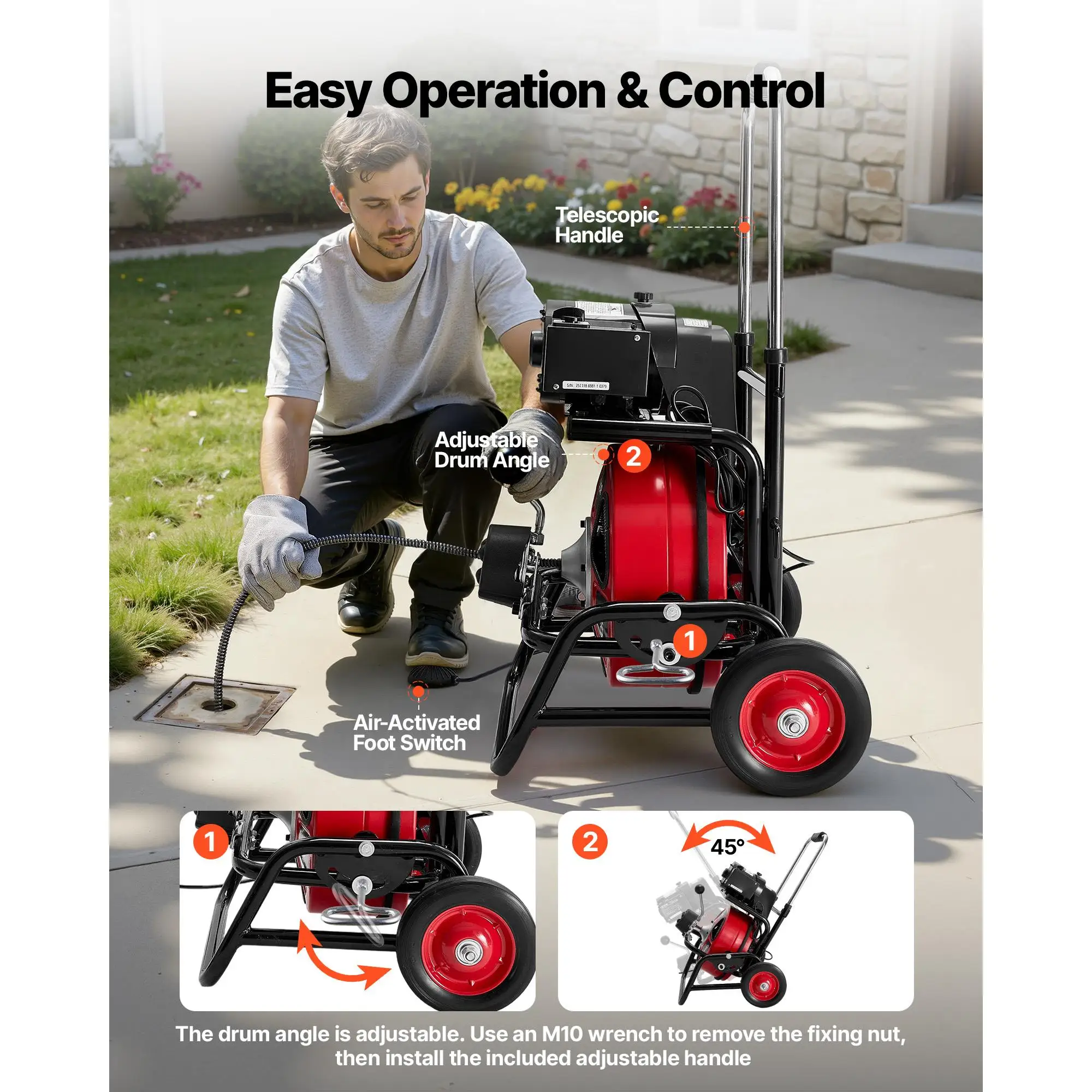100 FT x 3/8 Inch Auto Feed Drain Cleaner Machine Sewer Snake Auger Portable with Climbing Wheels Adjustable Drum 8 Cutters Foot Switch for 2 to 4 Inch Pipes