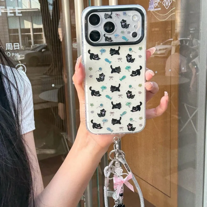

Fashion Cute Fish Little Black Cat Phone Case For iPhone 17 Pro 16 15 Pro Max Cover with Pendant Hand Rope Cartoon Protective Ca