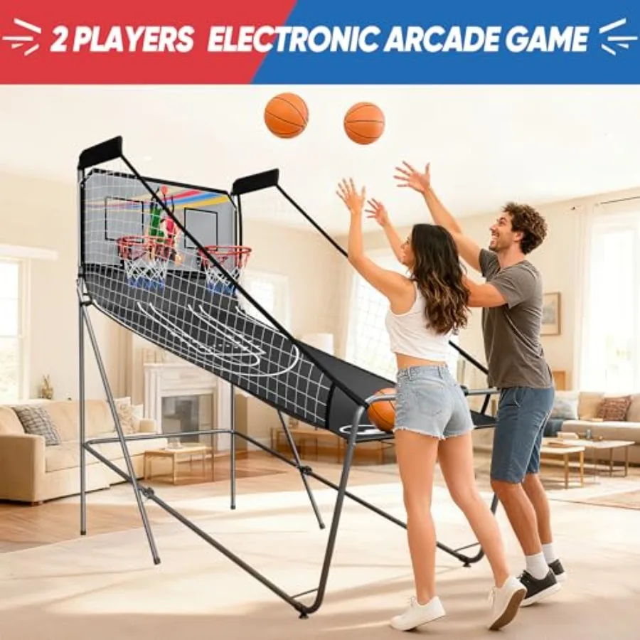 Indoor foldable 2-player electronic basketball arcade game with dual LED scoreboard, black and red plastic, 81.1in height, 8 ga - view 3