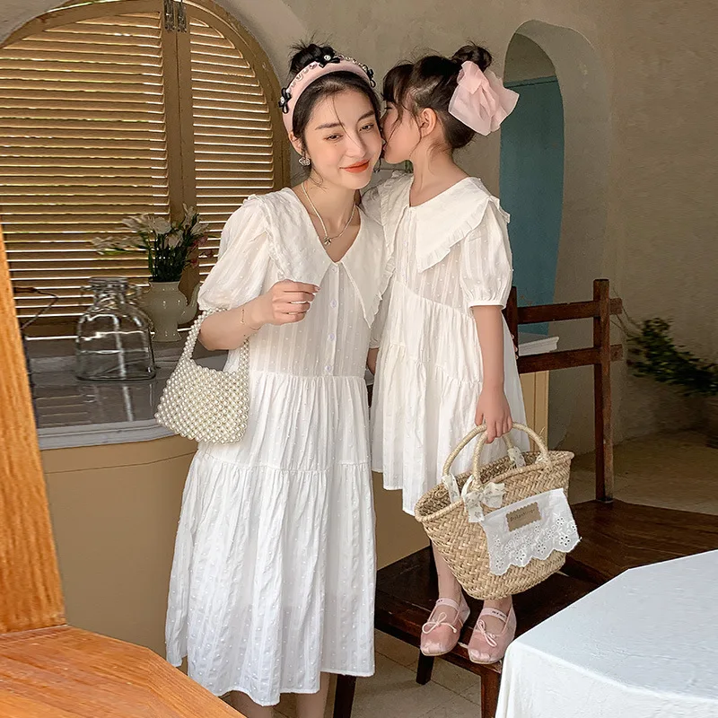 

Mom and Baby Daughter Matching White Dress Collar Mother and Girls 2023 Summer Dresses Short Sleeve Cotton Parent-child Clothing