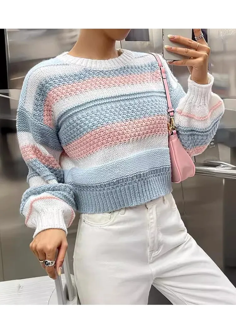 

2024 New Sweater For Women All-match Fashion Short Warm Color Striped Loose Round Neck Pullover Knitted Long Sleeve Cropped Top