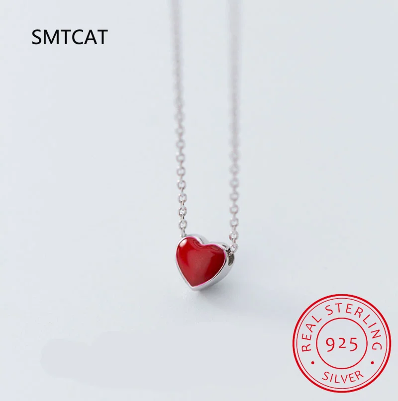 

Real 925 Sterling Silver Red Enamel Hearts Pendant Necklace for Women Statement Fine Silver Jewelry Collar Colar de Prata