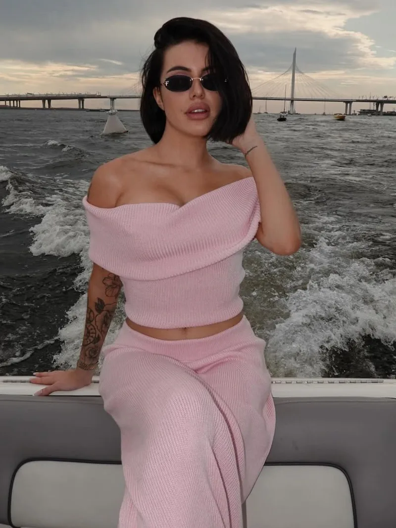 

Knitted Skirt Two-piece Set Women's Summer One Shoulder Sleeveless Top High Waist Slit Skirt Set Casual Lady Skirt Set B8X0