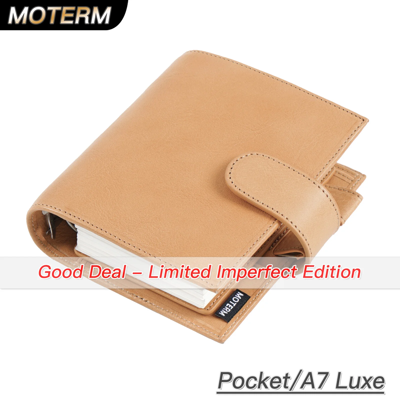 Limited Imperfect Moterm Full Grain Veg Tan Leather Pocket Luxe 2.0 Rings Planner A7 Notebook with 30MM Rings Agenda Journal