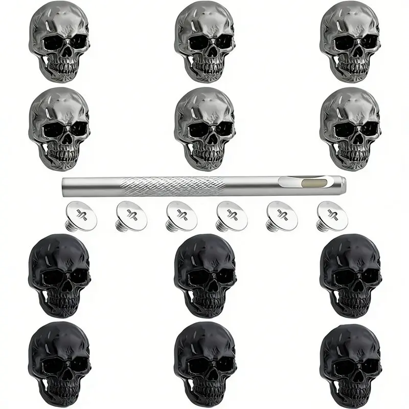 

【HOT ITEMS】Skull Rivets Studs 12 Pcs For Clothing, Gothic Style Skull Head Buttons Screws With Drilling Tool, 3D Skeleton Pins