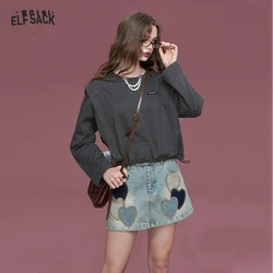 2024 Autumn ELFSACK New Arrivals Grey waistcoat with silver hot round neck loose long sleeve casual sweater for women