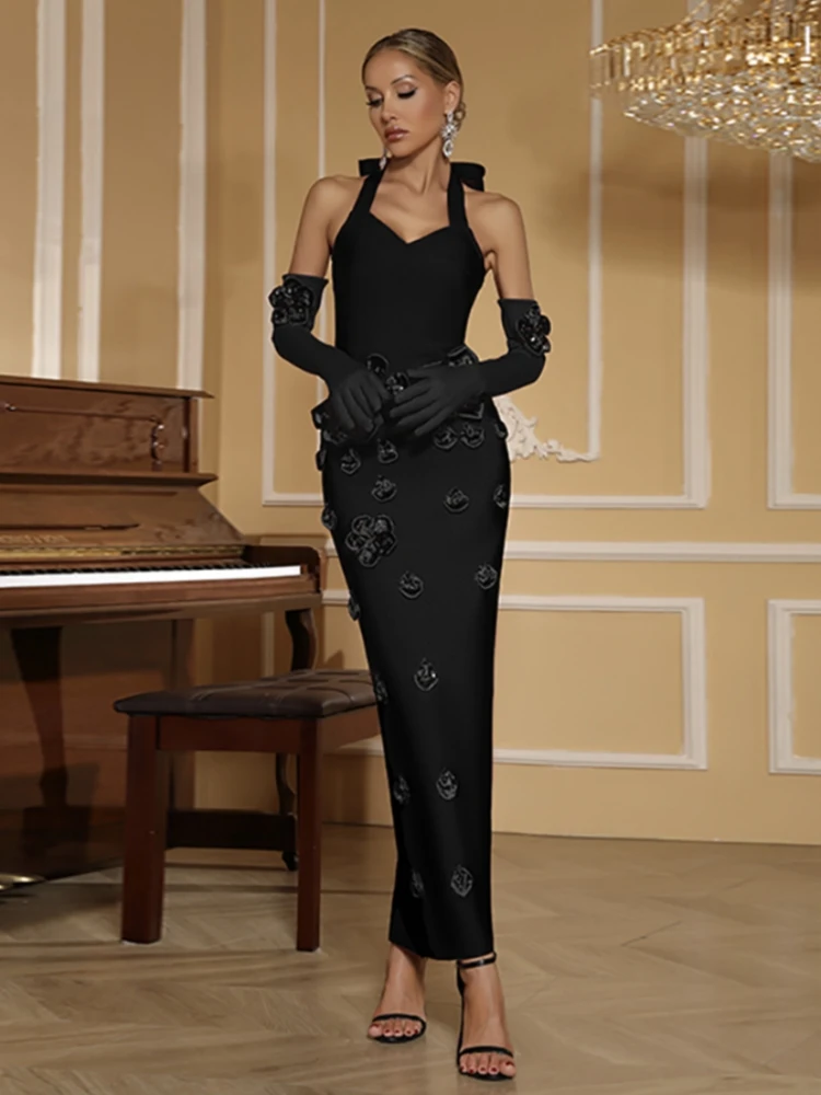 섹시한 홀터넥 3D 플라워 밴디지 드레스 (장갑 포함) 여성용 민소매 백리스 플로럴 바디콘 롱 드레스 이브닝 파티 정장