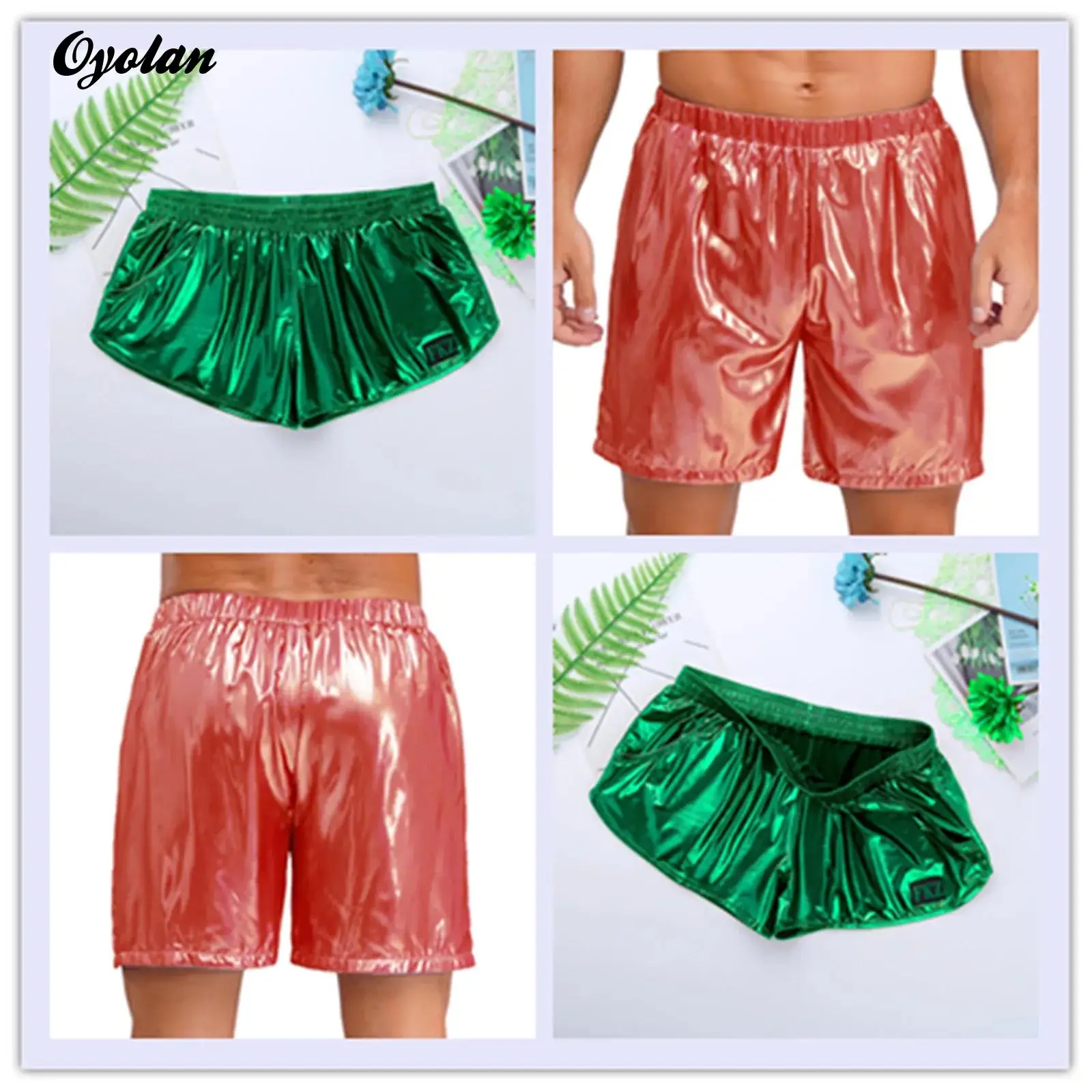 Mens Shiny Swimming Boxer Shorts Elastic Waistband Side Pockets Loose Beach Shorts Glossy Bottoms Loungewear Rave Party Clubwear