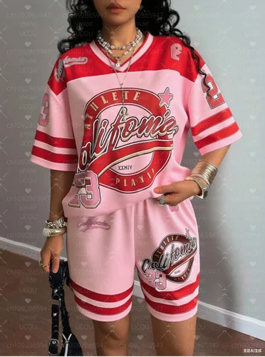 Imagen 2 del producto Camiseta con estampado de California 23 de estilo americano, traje de camiseta para mujer + Pantalones cortos, chándal para mujer, conjunto de 2 piezas, ropa para mujer