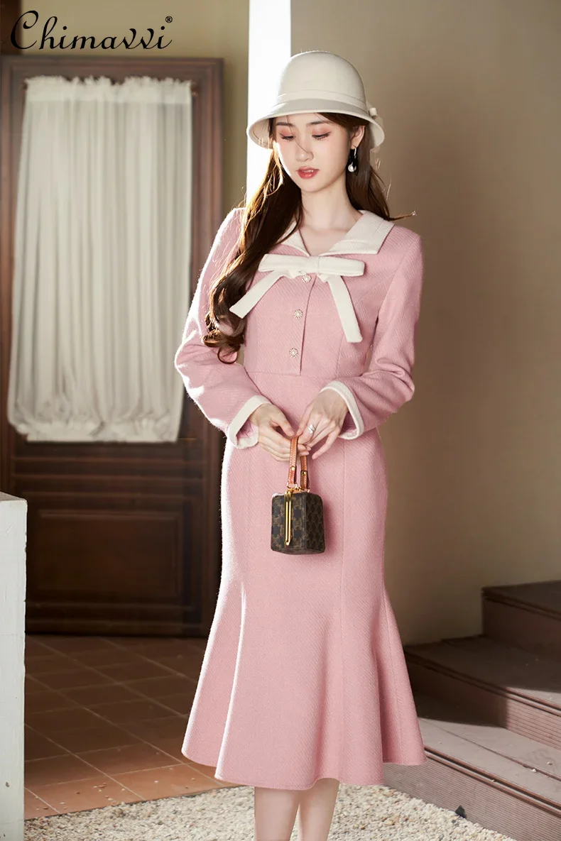 

French Elegant Socialite Lapel Bow Long Sleeve Single-breasted High Waist Slim Hip-wrapped Pink Fishtail Evening Dress Women