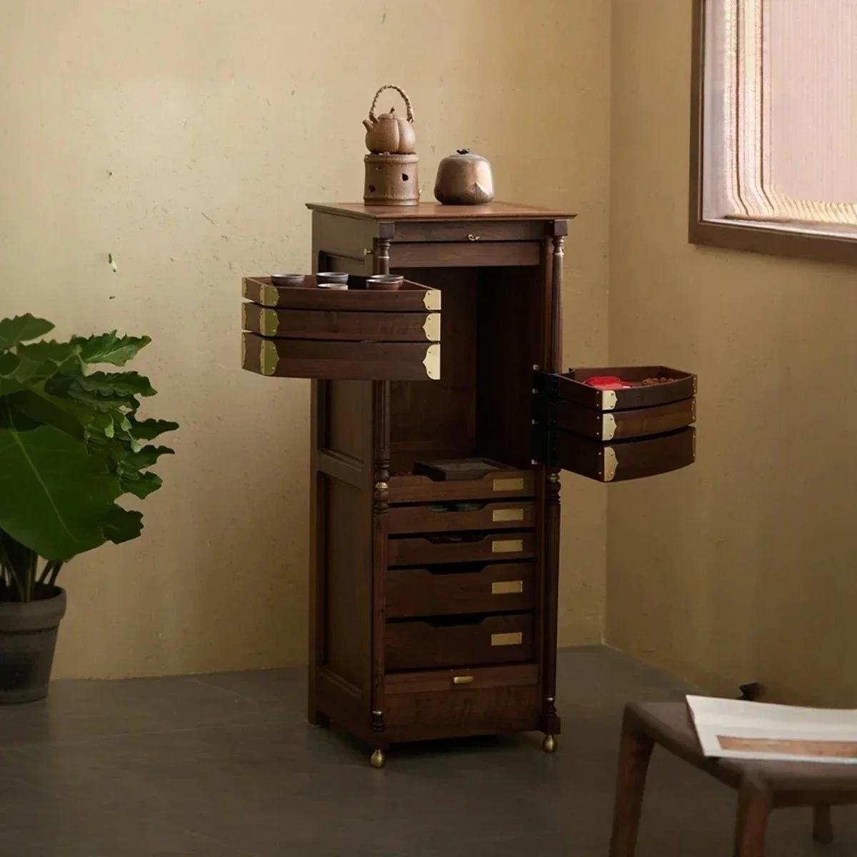 QQNorth American Black Walnut Solid Wood Rotating Tea Set Storage Cabinet Floor Jewelry Cabinet Wenwan Collection Cabinet