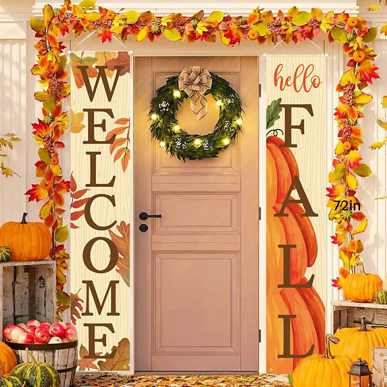 70*13 Inch Fall Decor - Welcome Fall Signs For Front Door Decoration, Hanging Leaves and Pumpkins Porch Banners
