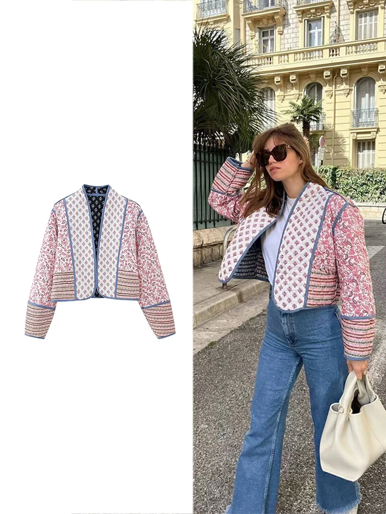 TRAF Women Fashion Floral Printed Jacket Double Sandwich Cotton O-neck Cardigan Jacket Autumn and Winter Retro Street Warm Top