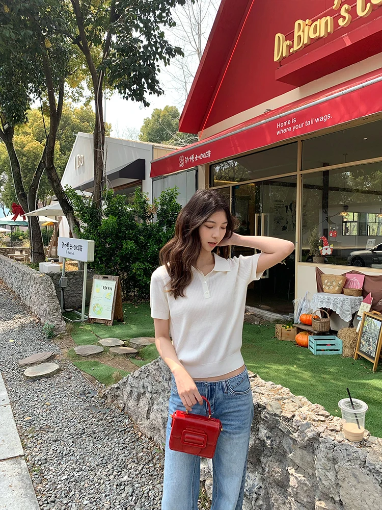 

JAYE VANTI Summer Neck Short Sleeve Knitted Slim Fit T-Shirt Women Simple Versatile Soft Nylon Blend Casual Style Top