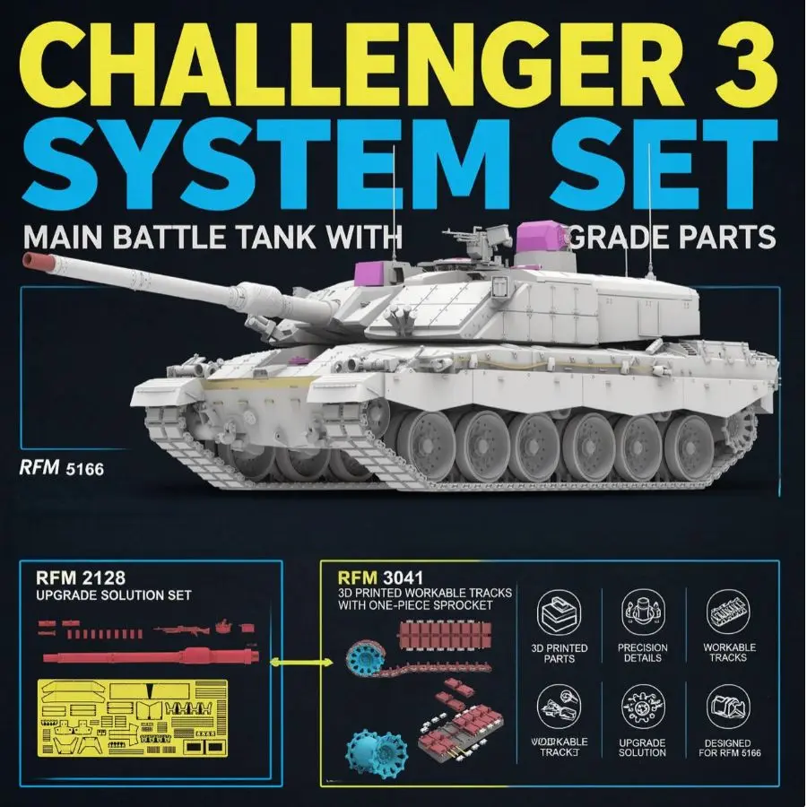 3041 3D Printed Workable Track Links & RYE FIELD 5166 1/35 Challenger 3 120 mm L55A1 Smoothbore Gun Model Kit w/2128 Upgrade Kit
