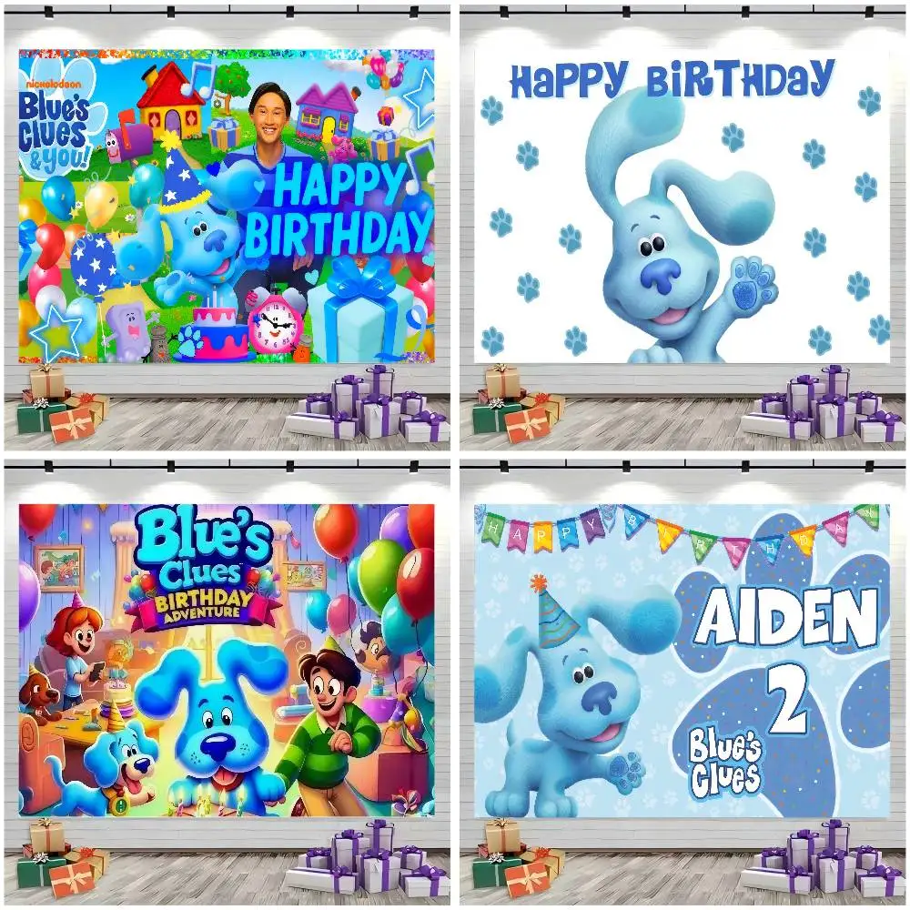 Toile de fond personnalisable pour photographie d'anniversaire de chiot Cartoon Clues Blues, décoration de fête joyeuse, fond photo pour enfants, cadeaux