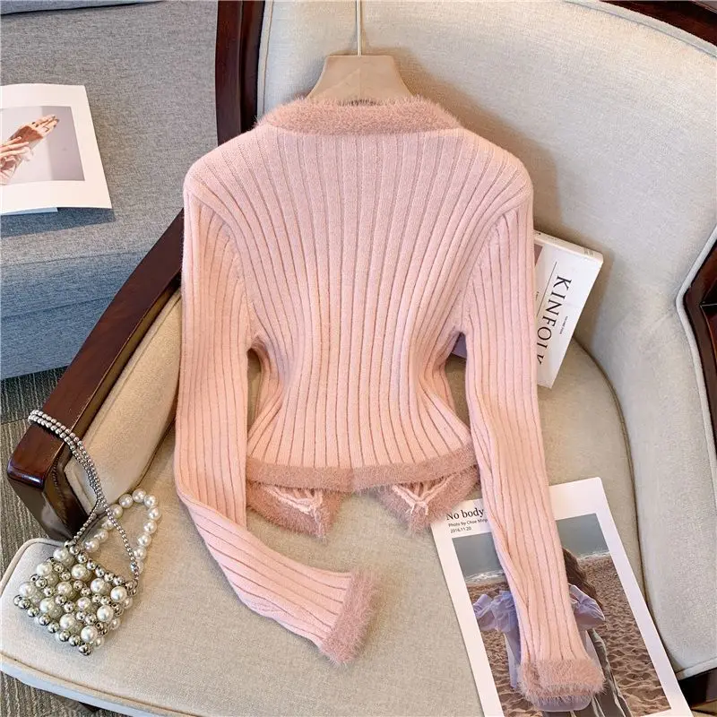 Neploe Fashion V-neck Fluffy Patchwork Pink Sweaters Spring Autumn New Tops Women Y2k Slim Fit Long Sleeve Knitted Cardigan