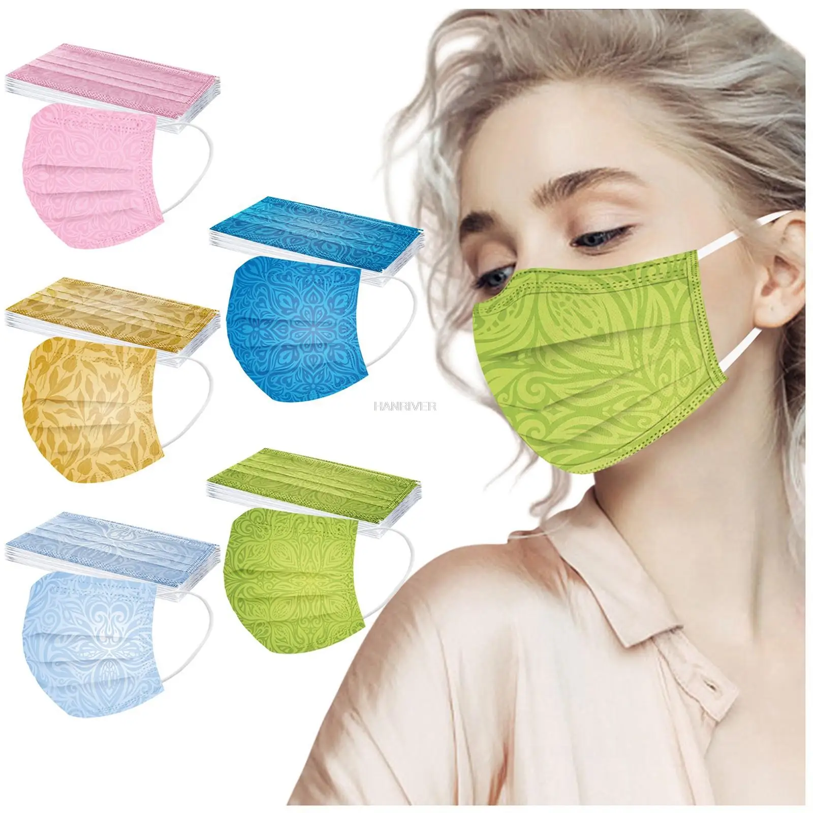 50pcs pack of three layers of melt-blown throwaway fashion printing masks printed adult disposable dust masks