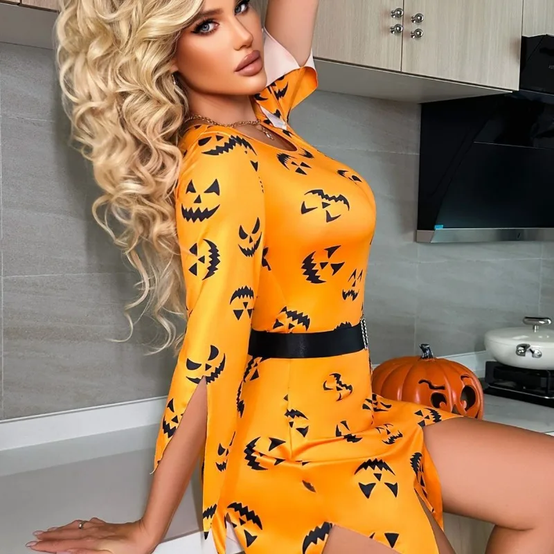 Toucheart هالوين تأثيري مثير المرأة اللباس موحدة اليقطين الطباعة مجموعة ضئيلة عالية الخصر فتاة مثيرة للاهتمام اللباس موحدة مجموعة #4