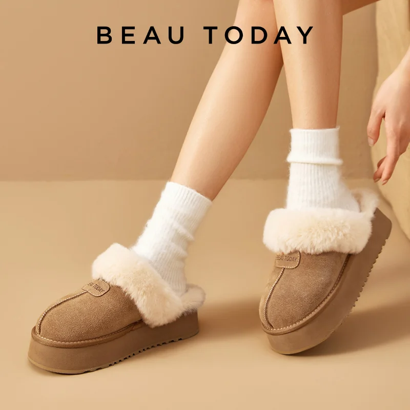 BEAUTODAY Winter Slippers Women Cow Suede Mules Leather Thick Sole Ladies Winter Outdoors Casual Shoes 37085