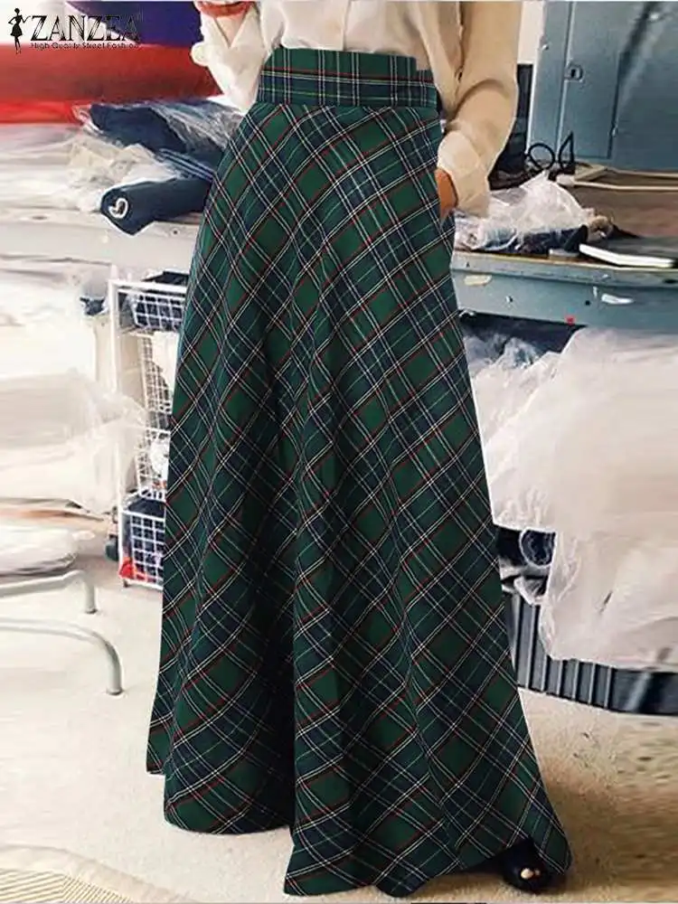 Vintage Checked Skirts ZANZEA Women High Waist Plaid Sundress Elegant A-line Maxi Long Skirt Faldas Saia Female Party Robe Jupe