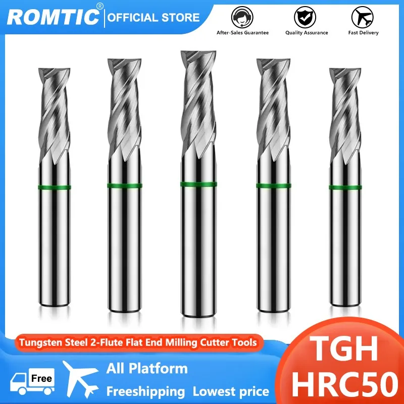 romtic tungsten steel carbide flat end mill cnc centro mecanico aluminio fresagem ferramentas cutter 2 flute tgh hrc50 01