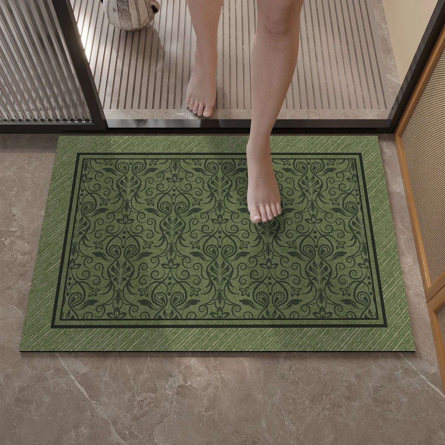 Alfombra de suelo de barro de diatomeas verde, flor simple moderna, puerta de baño, puerta de inodoro, estera de pie antideslizante con absorción de agua, estera de puerta de secado rápido