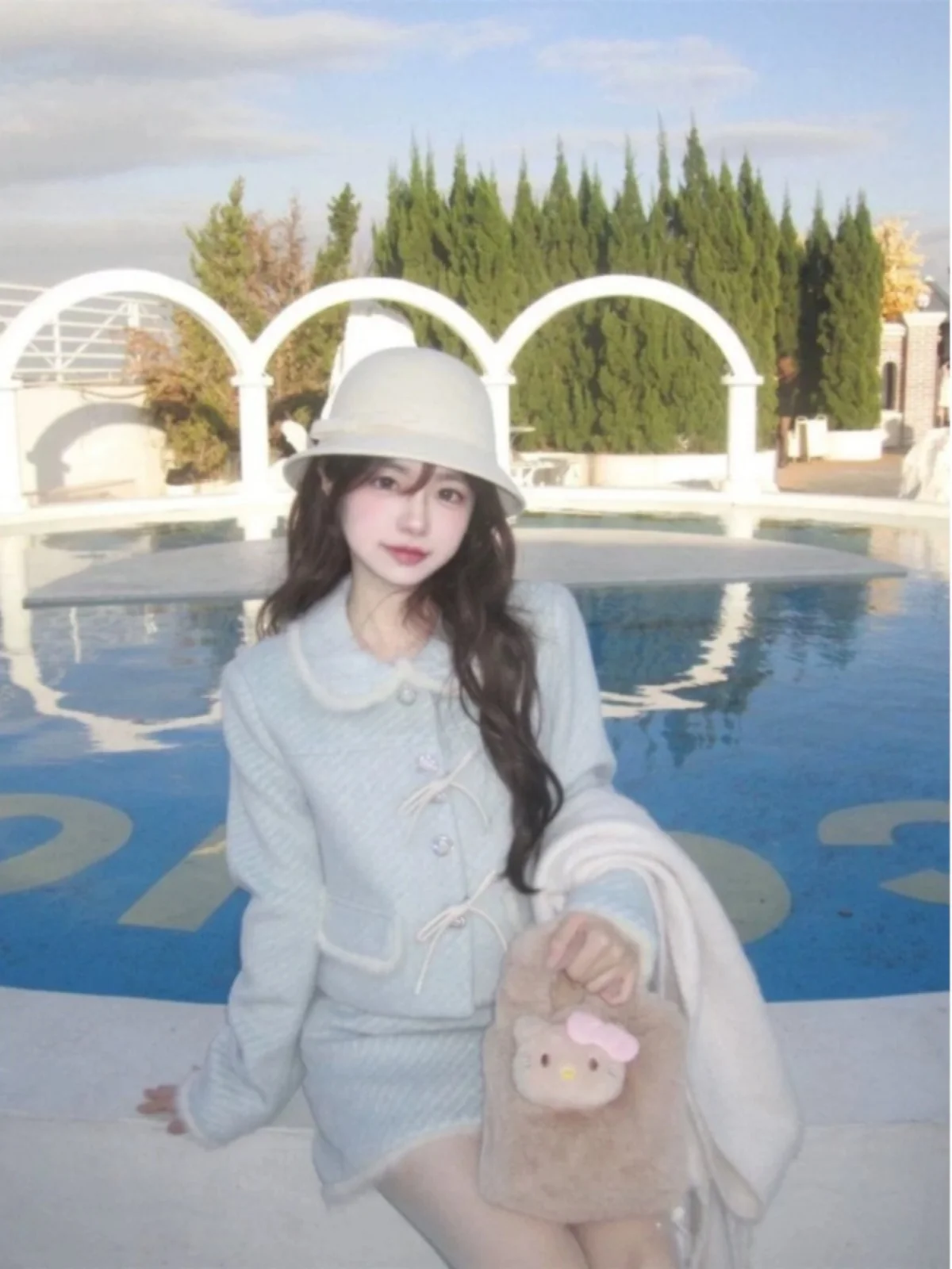 Graceful Fujia Qianjin Two-piece Set Wear Women Small Miu Doll Collar Woolen Jacket + Short dress Set