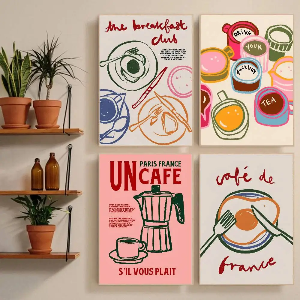 Coffee Shop Nachmittagstee Croissant Bunte Kaffeetasse Retro Poster Papier Wohnzimmer Eingang Restaurant Kunst Malerei