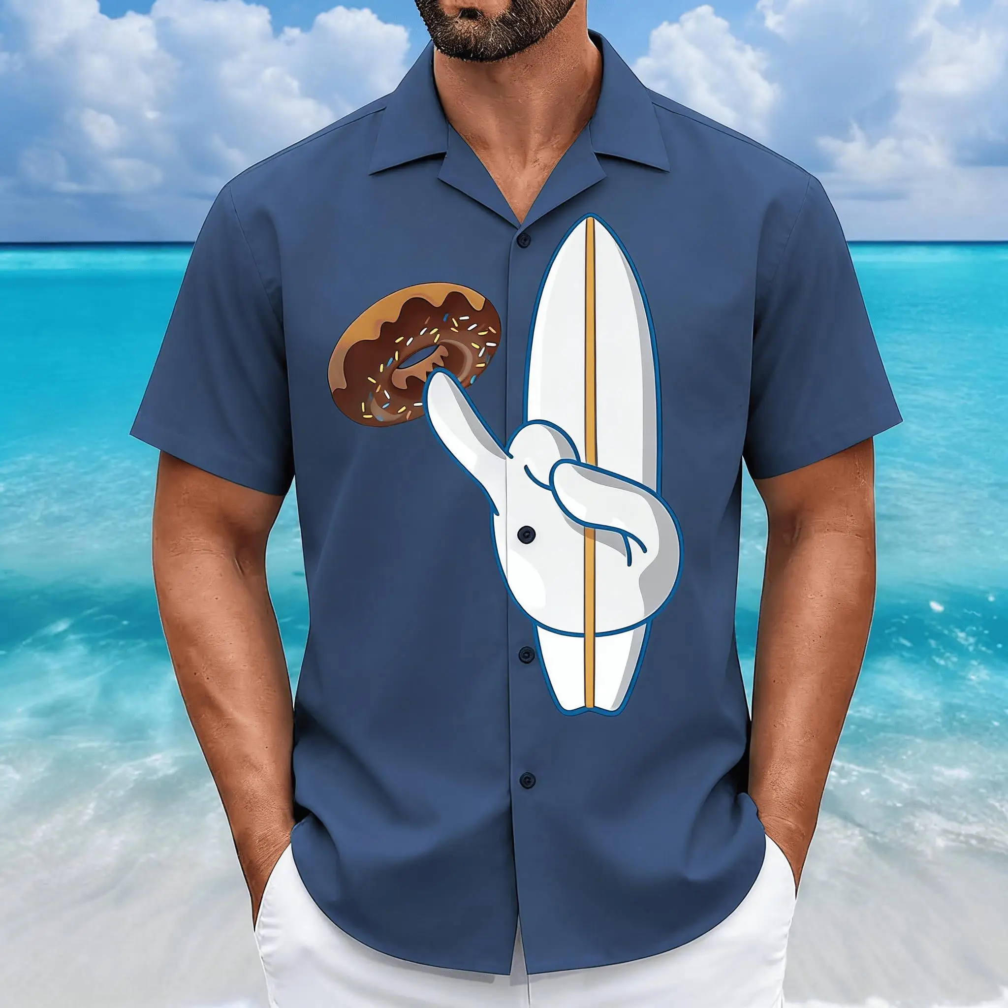 

Men's Navy Blue Cartoon Donut Print Short Sleeve Shirt, Spring Summer Fun Vacation Casual Top, Pocket Lapel Style