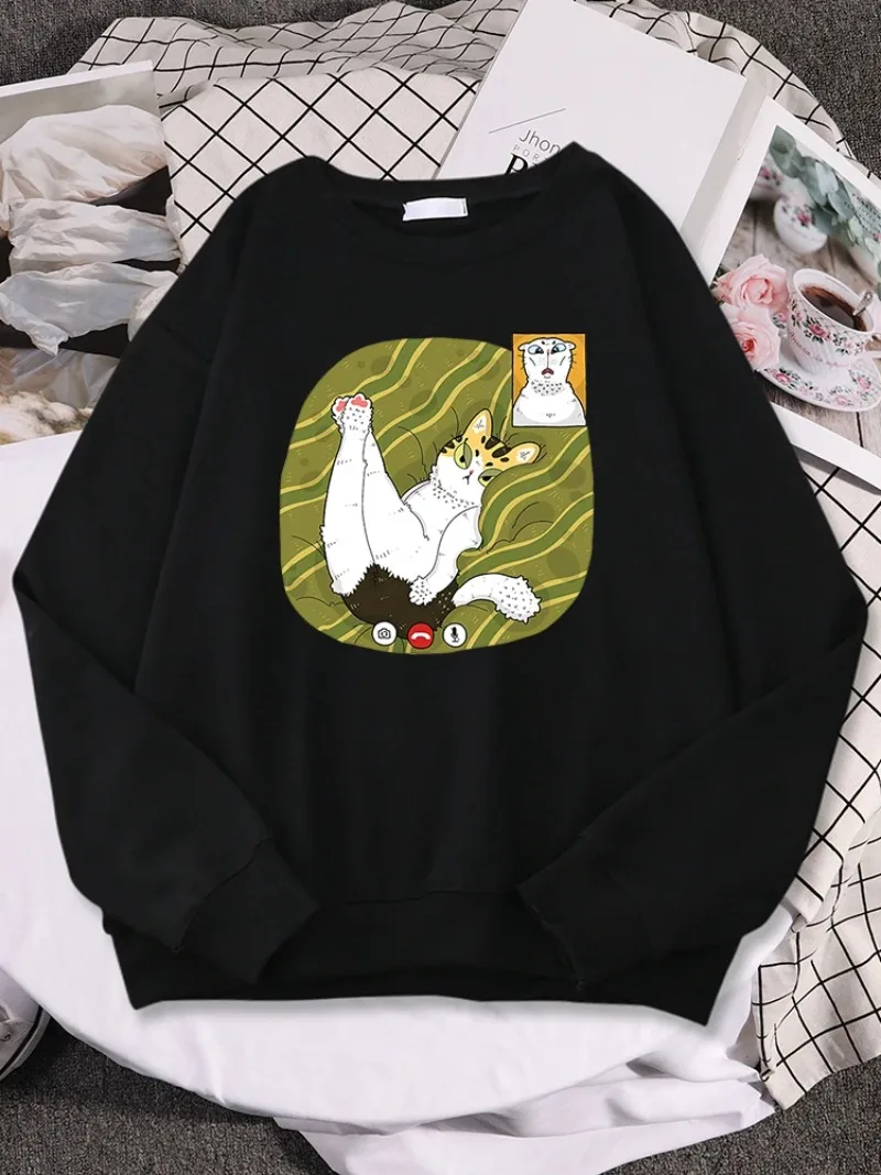 Women Hoody Daily Full Sleeve Sweatshirt Loose Comfortable Pullover Soft Crewneck Sportswear The Cat In The Video Shows Its Butt