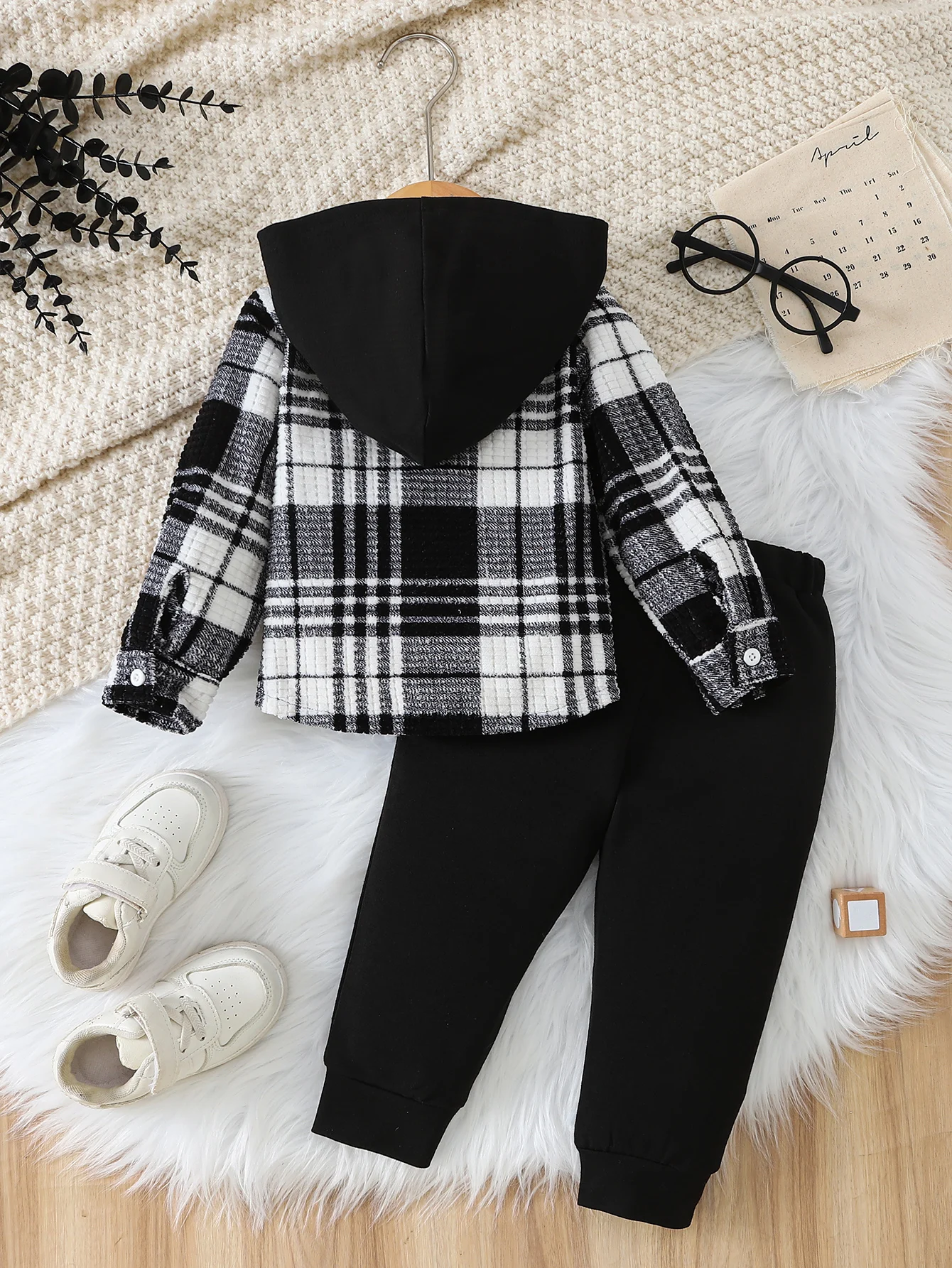 Toddler Boy 3Pcs Outfit Set 12M-5Y Plaid Hooded Jacket + Ribbed Tee + Ripped Pants, Kids Casual Fall Winter Clothes Set