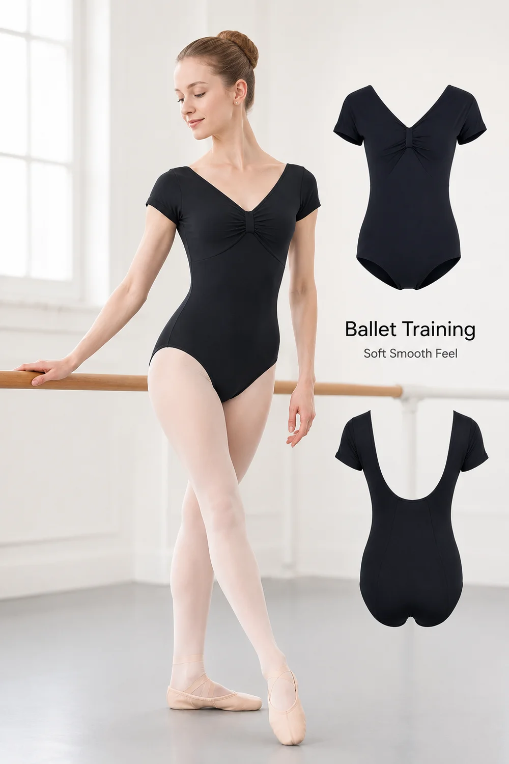 Justaucorps de ballet pour femme adulte à manches courtes, dos en U profond, col en V froncé, avec coussinets amovibles pour l'entraînement