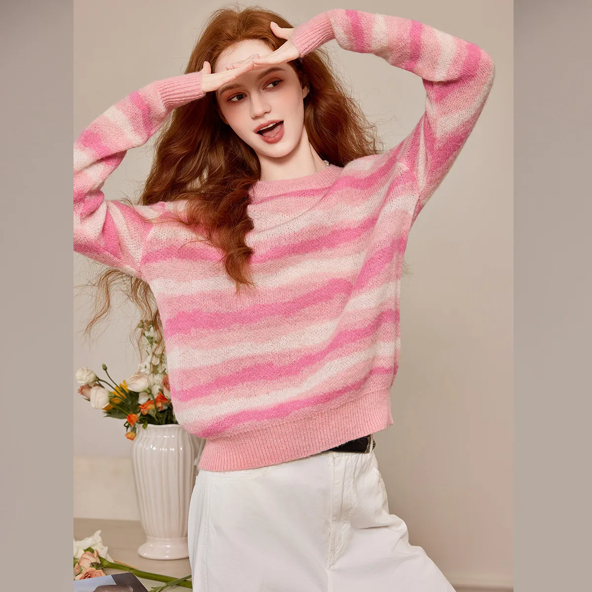 LOUIS YAO Maglieria da donna a righe a contrasto di colore rosa e bianco 2025 Pullover autunnali Maglione lavorato a maglia dolce leggermente elasticizzato