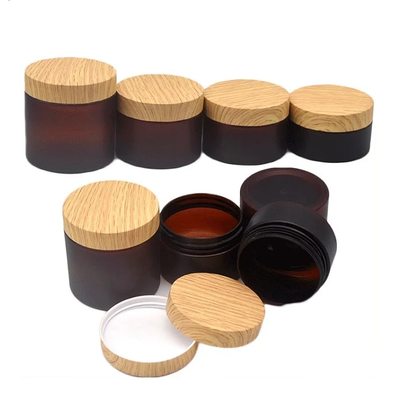 22Pcs Frost Brown Cream Jar Wide Mouth Bottle False Wood Lid 100ml 120ml 150ml 200ml 250g Empty Cosmetic Pots Plastic Containers