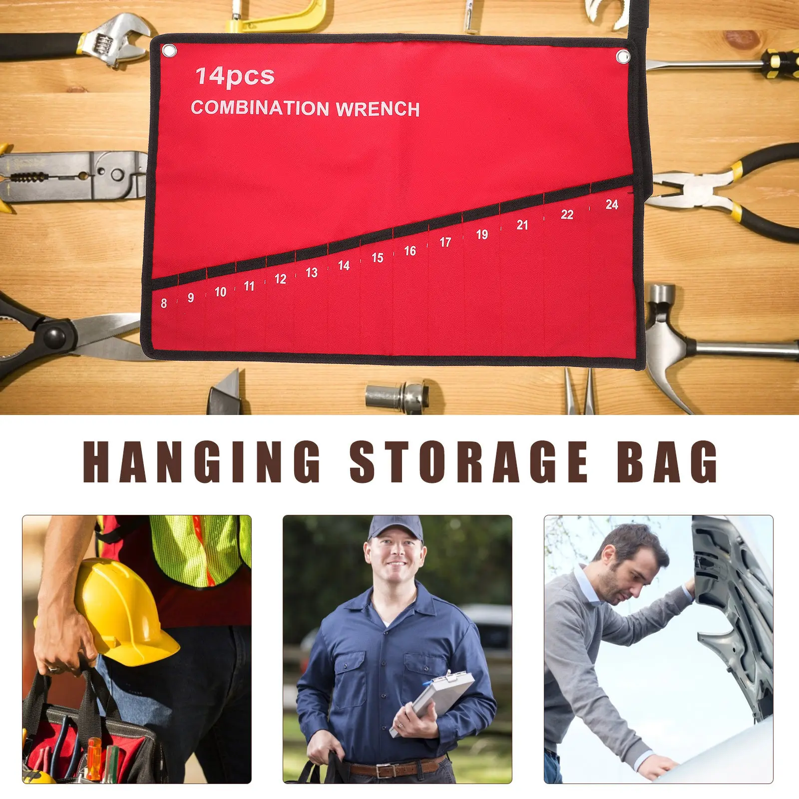 14-Slot Heavy Duty Polyester Canvas Tool Roll Bag Electrician Storage Holder Wrench Organizer Pocket Size 2.25x6.5 Inch Hook