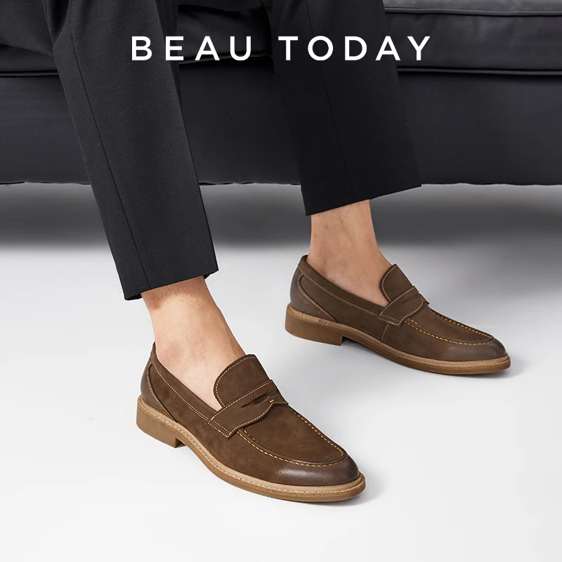 BEAUTODAY Penny Loafers Men Cow Leather Round Toe Sewing Retro Slip-on Mask Decoration Male Shoes Handmade 50074