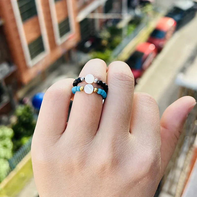 2023 New 3mm Section Natural Stone Beaded Rings For Women Fashion Jewelry With 6mm Shell Fitting Wedding Ring Wholesale