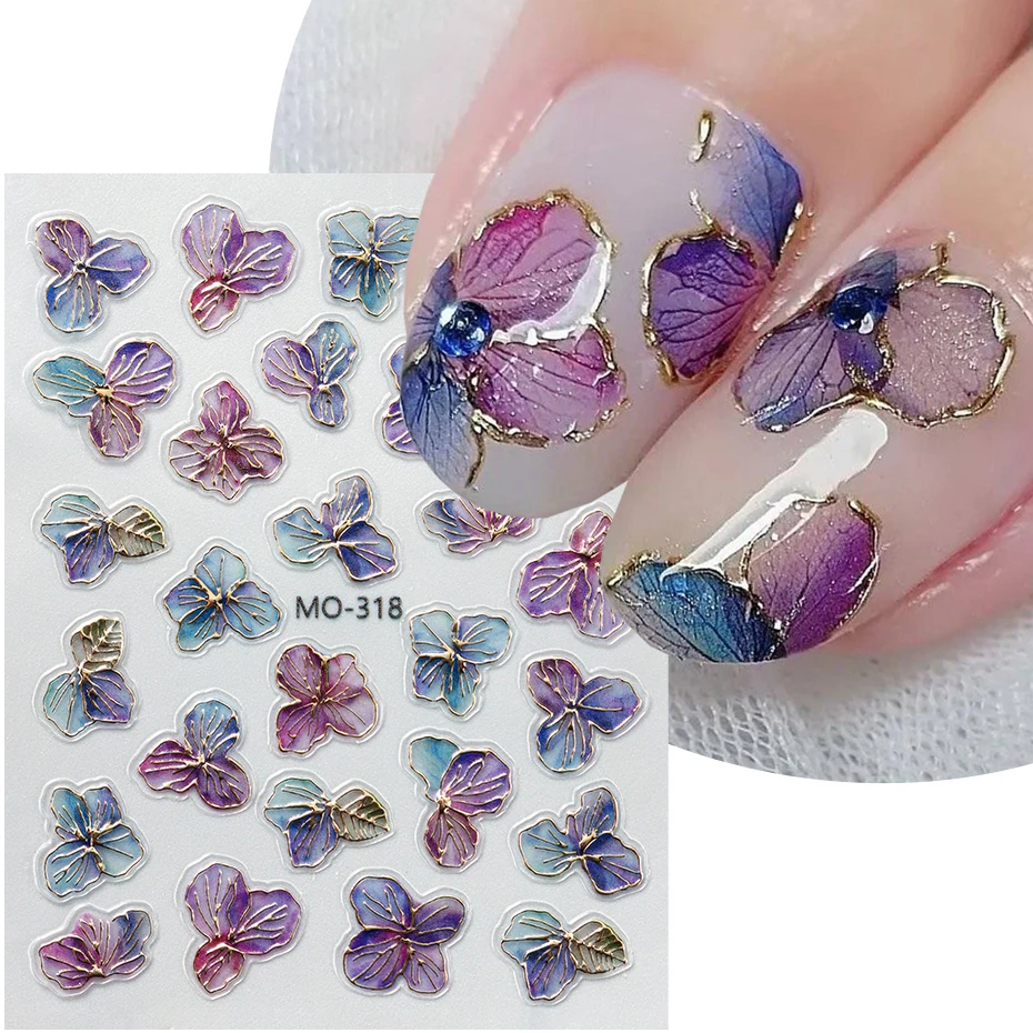 Bronzing Hydrangea Flower Nail Sticker Gold Foil Watercolor Flower Elegant Blossom Decals Adhesive Sliders Decorations Manicure