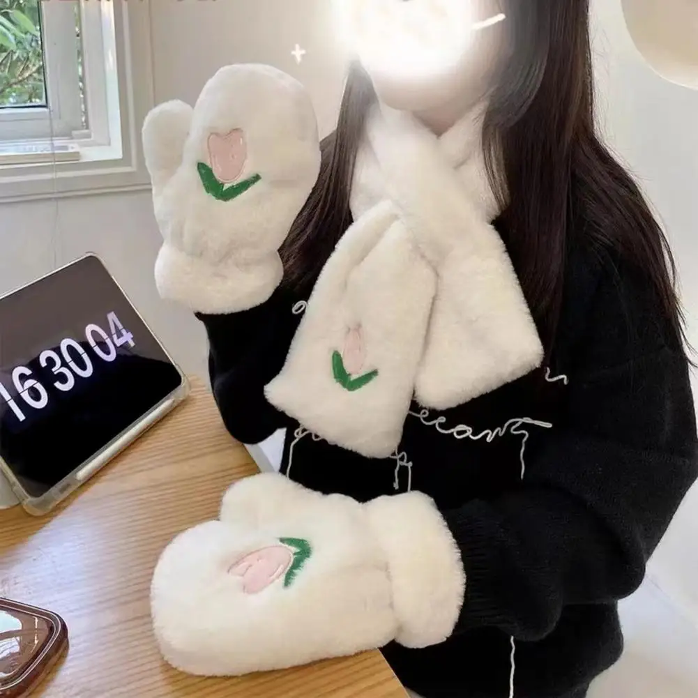 Autumn Winter Plush Gloves Women Tulip Pattern Gloves Cozy Stylish Women's Plush Gloves Embroidered Tulip Flower for Winter