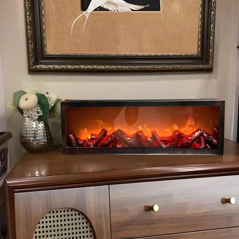 Realistic LED Electric Fireplace Simulated Flame Desktop Decorative Lamp Combined Cabinet Storage Decor for Home Living Room