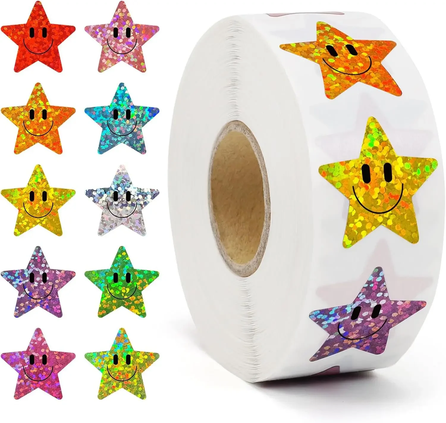 500pcs Laser Colorful Smile Face Star Stickers Happy Face Sticker Roll for Classroom Teacher Reward Back to School Birthday