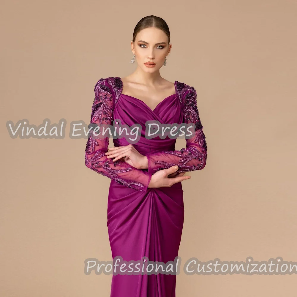 Vindal Prom Dress Sweetheart Floor Length Flower Ruffle Straight Elegant luxurious Satin Saudi Arabia Long Sleeves For Woman2024