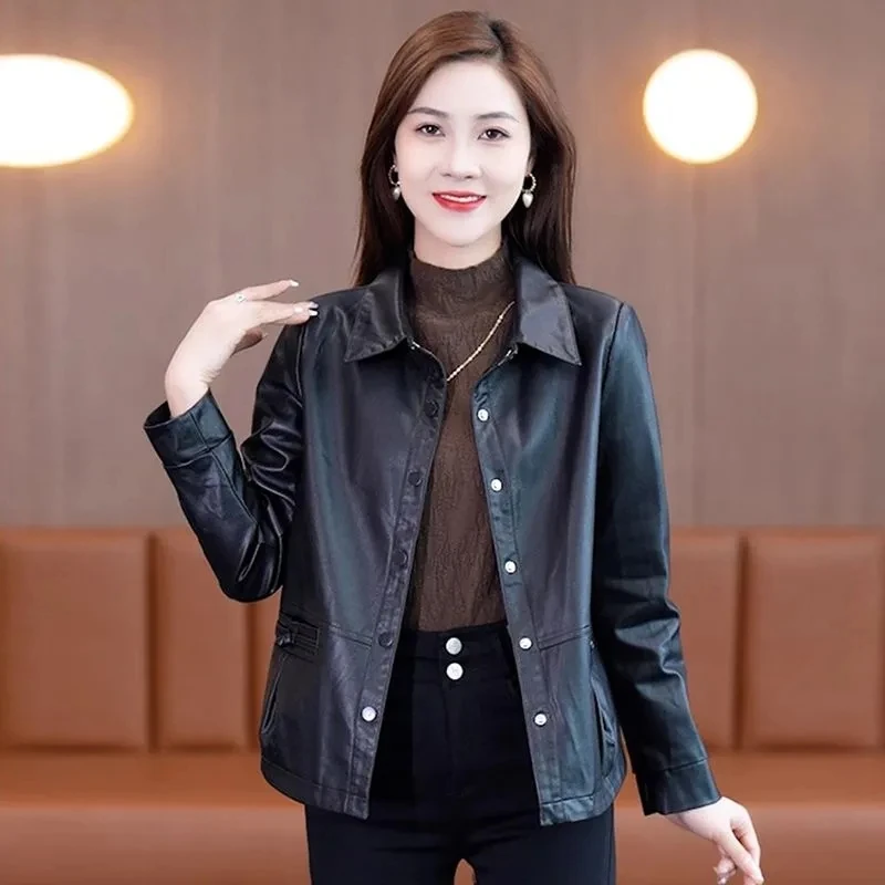 2024 Women Short Leather Jacket Coat Spring Autumn Female Fashion Maillard Leather Jacket Tops Korean Lady Loose Leather Jacket