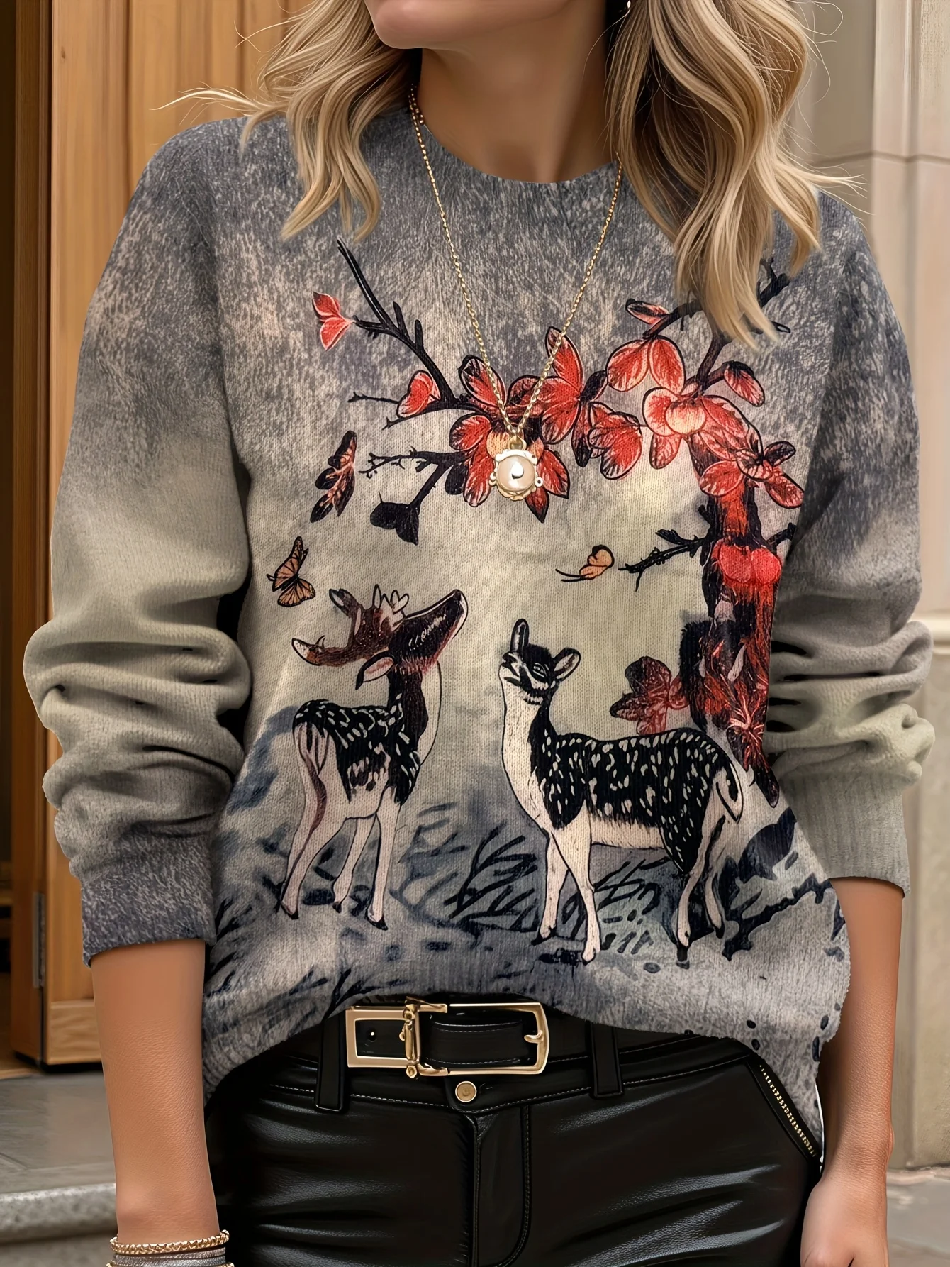 سترة نسائية ثلاثية الأبعاد مطبوعة بأكمام طويلة، فائقة الدقة، نمط زهور قطة واقعية، خفيفة الوزن، رقبة دائرية، ملابس نسائية ناعمة